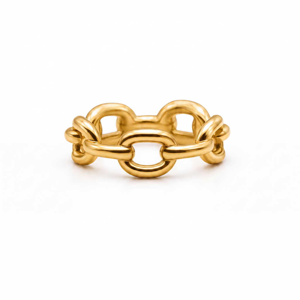 A polished gold chain-link ring with interlocking oval links, photographed on a seamless white background.