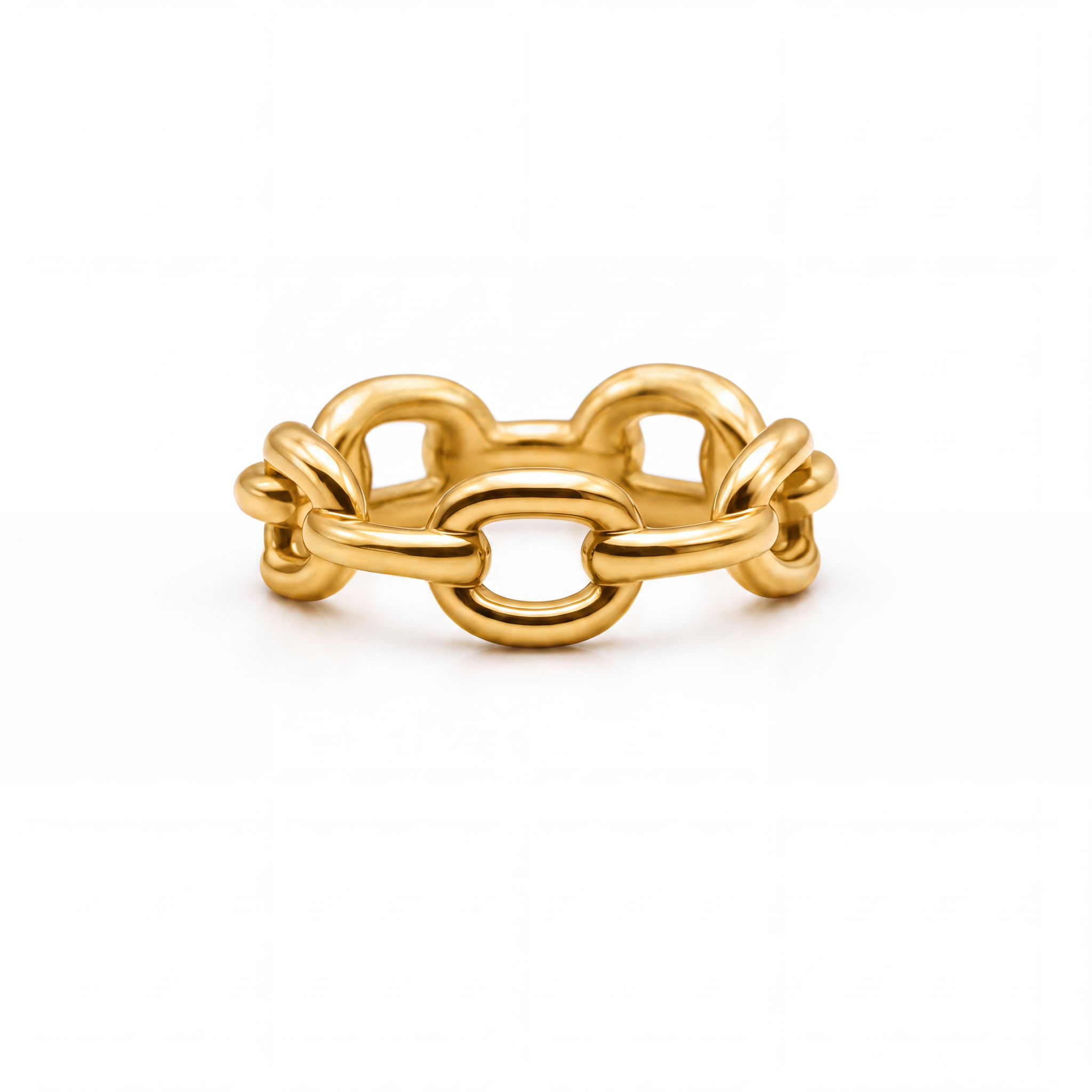 A polished gold chain-link ring with interlocking oval links, photographed on a seamless white background.