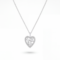 A silver heart-shaped pendant necklace with a delicate chain, featuring a central floral motif and small clear stones, shown on a clean white background.
