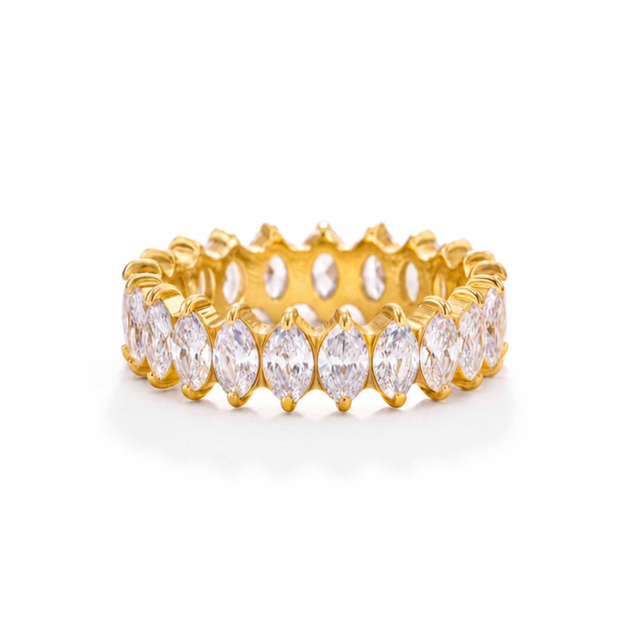 A gold eternity ring featuring a continuous row of marquise-cut clear gemstones in a prong setting, shown on a clean white background.