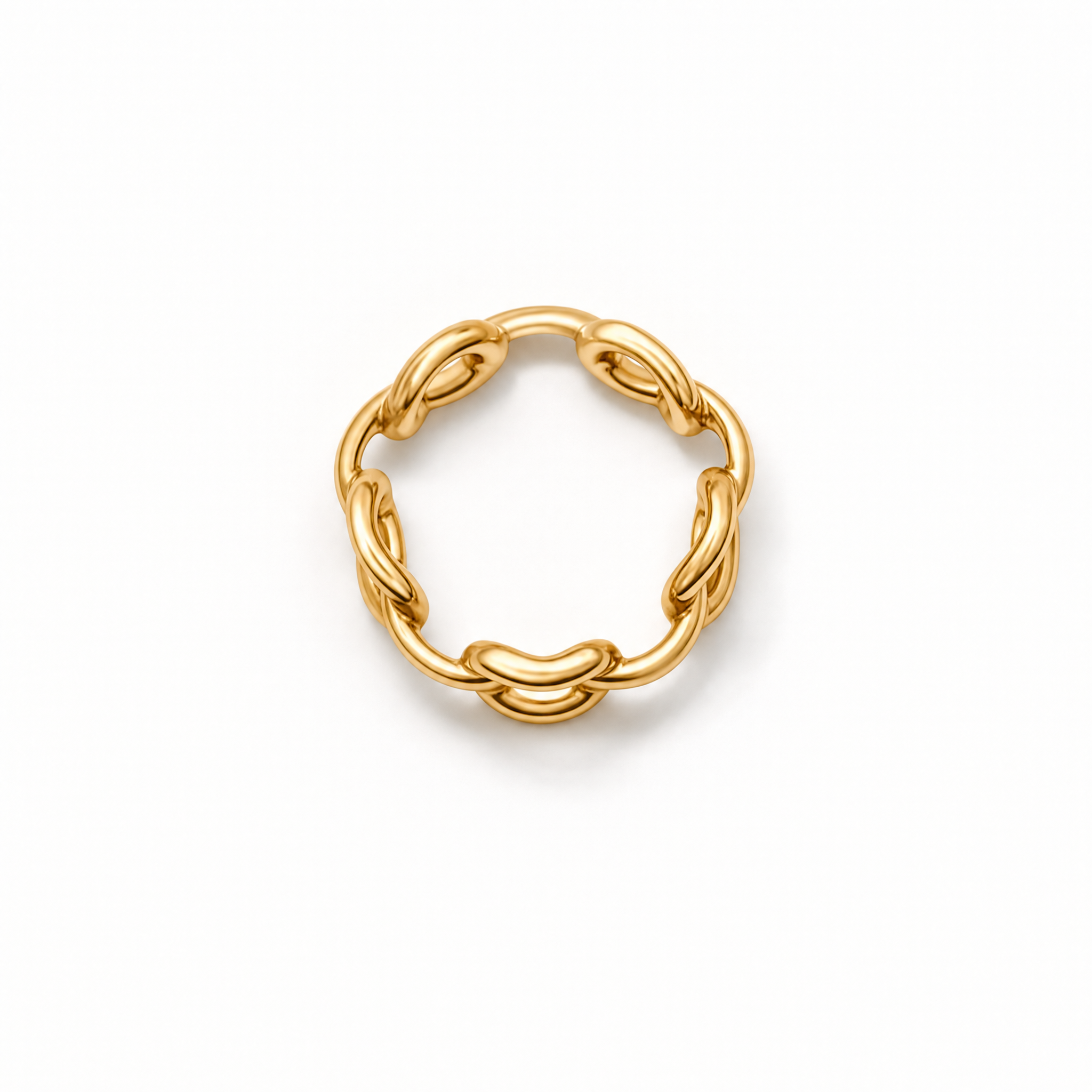 A gold chain-link ring with a circular, interlocking design, photographed on a clean white background.