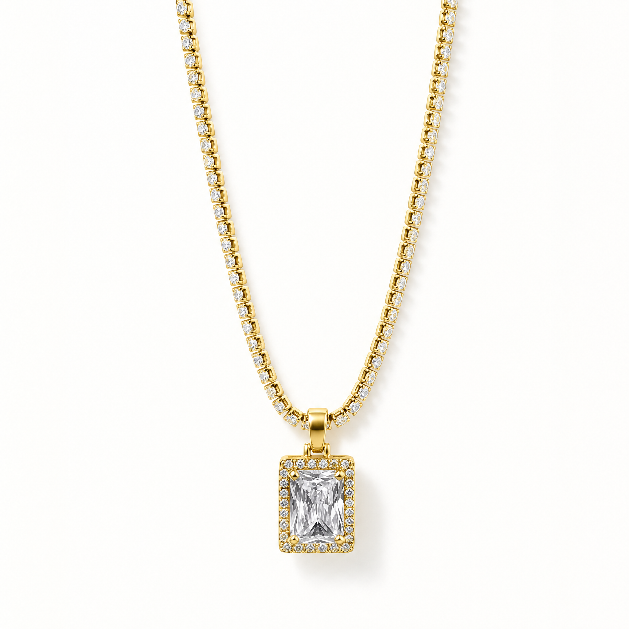 A gold chain necklace with a rectangular emerald-cut clear center stone and a halo of small clear stones, shown on a clean white background.