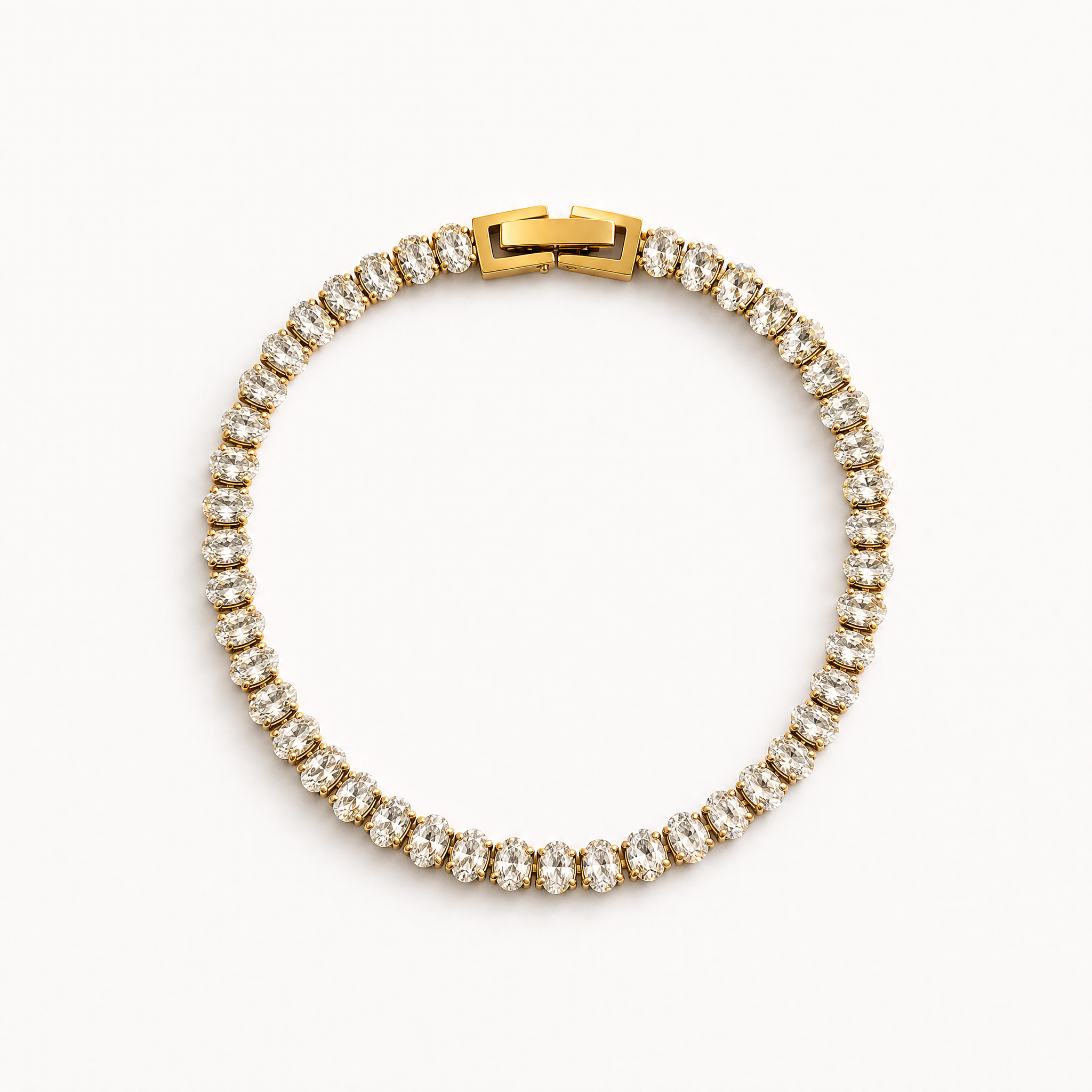 A gold tennis bracelet with round-cut diamonds, arranged in a circular shape on a clean white background.